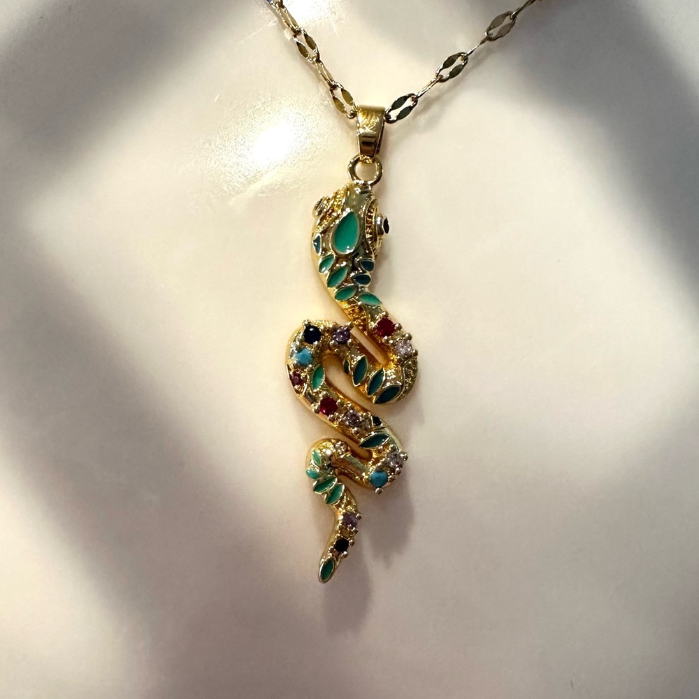Gold and Multicolor Gem Snake Pendant Necklace